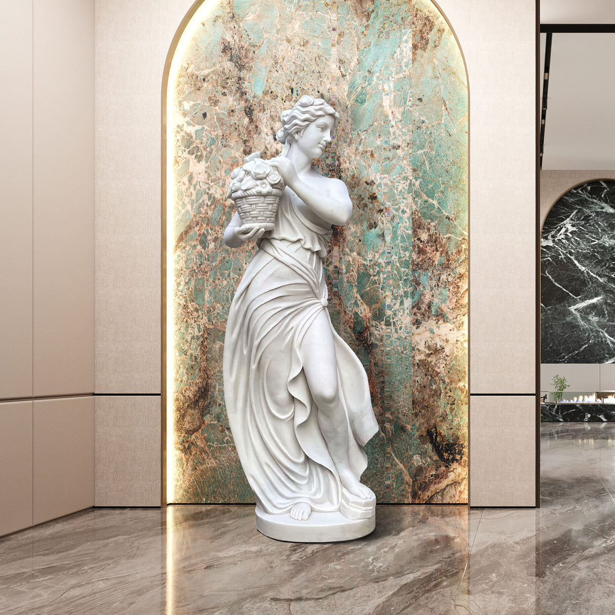 PREMIER Antique-Style Marble Statue Woman with a Basket of Flowers Marble Sculpture PSM-037-Marble sculpture-PREMIER SCULPTURE