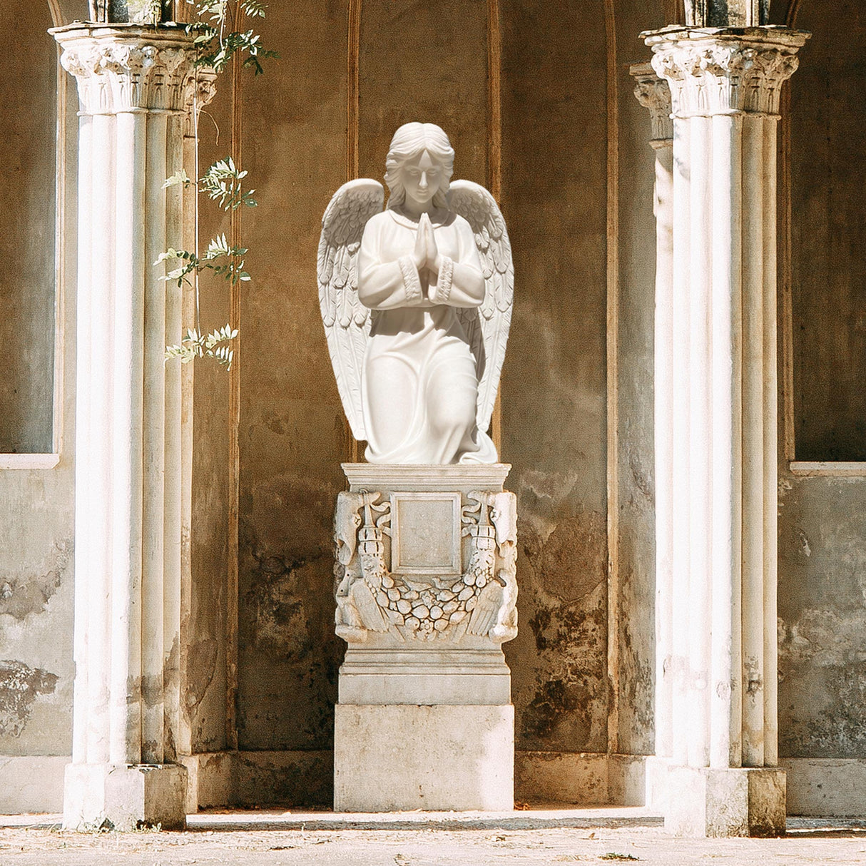 PREMIER Kneeling Angel Statue White Marble Prayer Sculpture PSM-044-Marble sculpture-PREMIER SCULPTURE