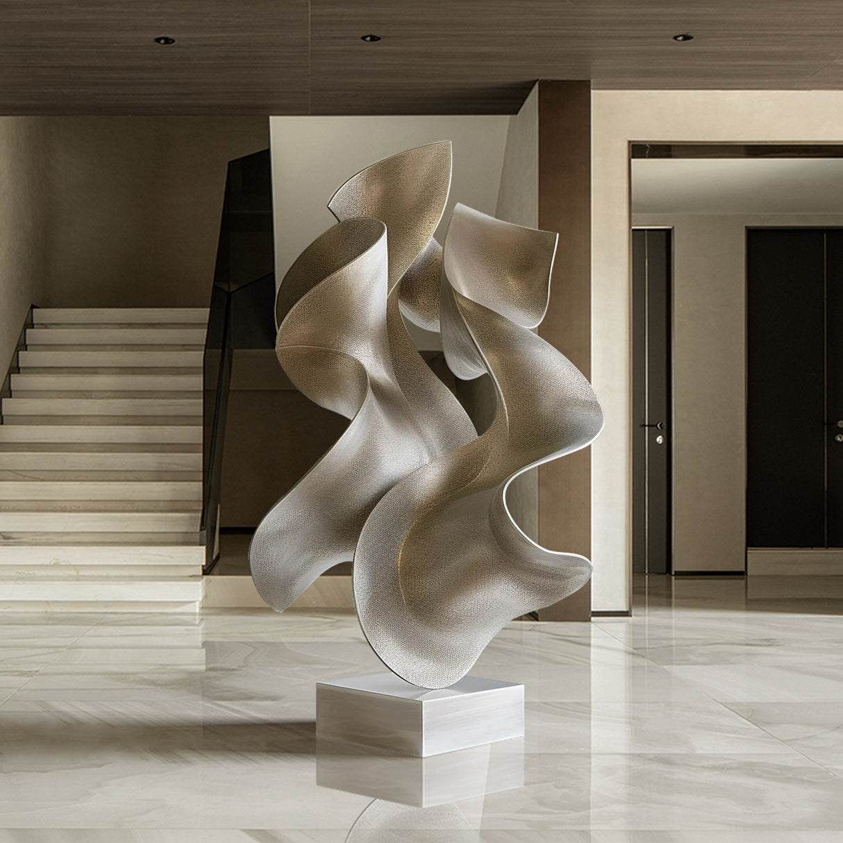 PREMIER Modern Abstract Sculpture Silver Flowing Stainless Steel Sculpture With Marble Base PSSS-040-Stainless Steel Sculpture-PREMIER SCULPTURE