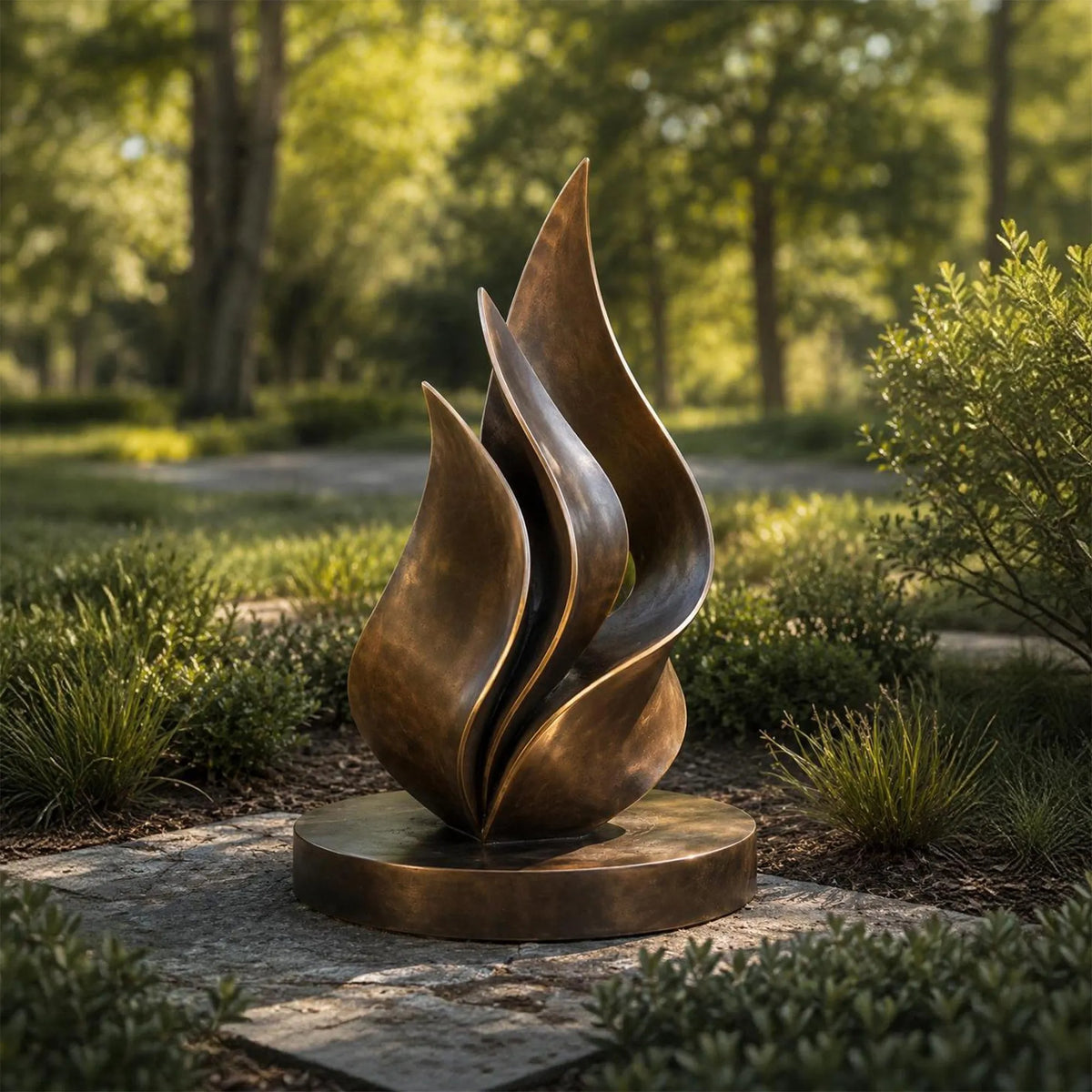 An abstract bronze sculpture sits surrounded by green plants in a sunlit garden.