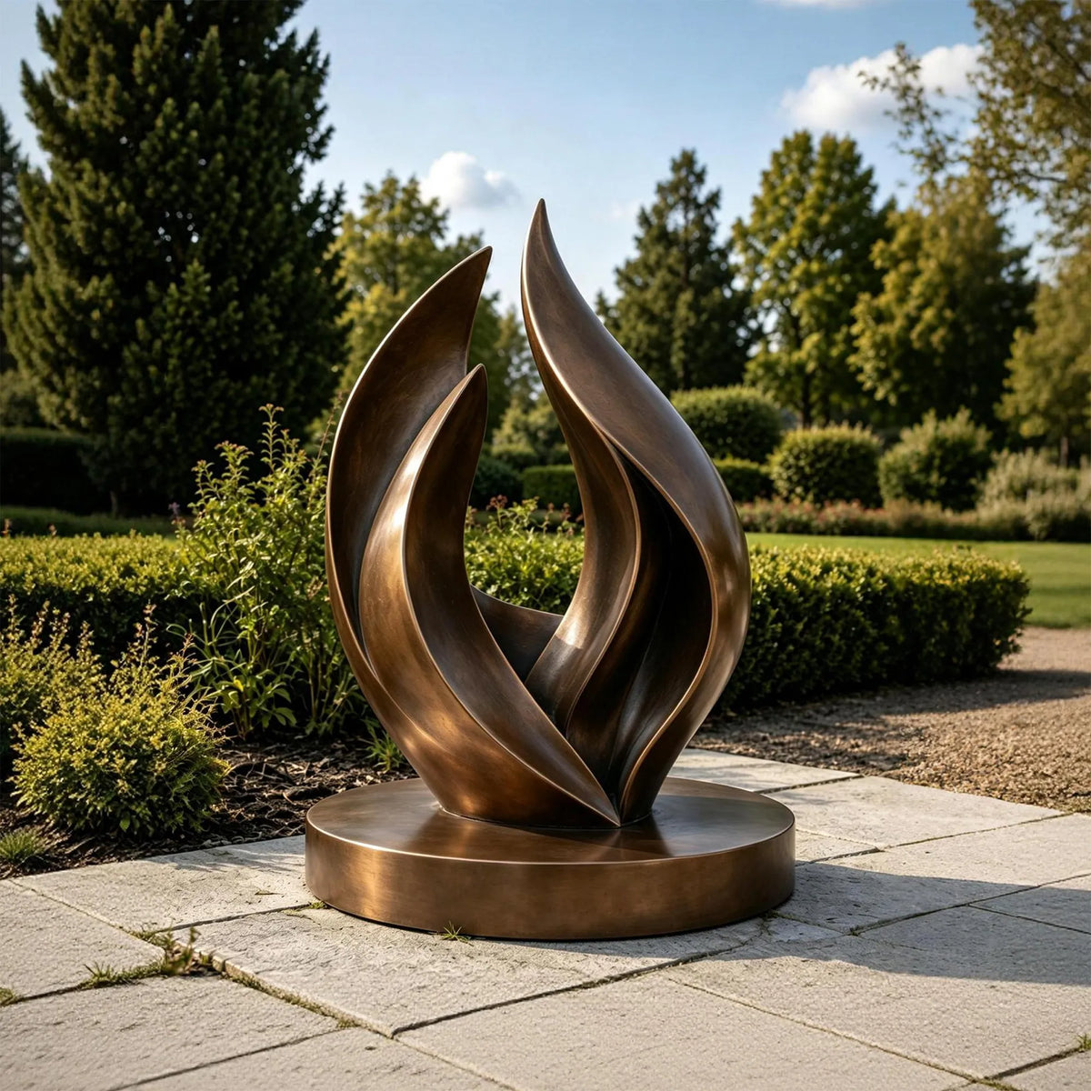 An abstract bronze flame sculpture sits on the stone paving in a lush green garden.