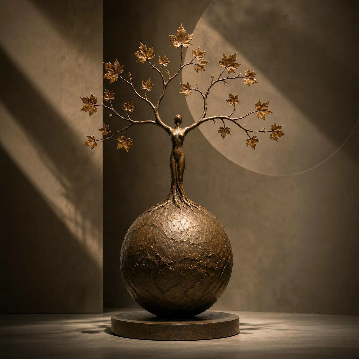 Bronze tree woman sphere sculpture rests on an indoor display surface against a neutral wall.