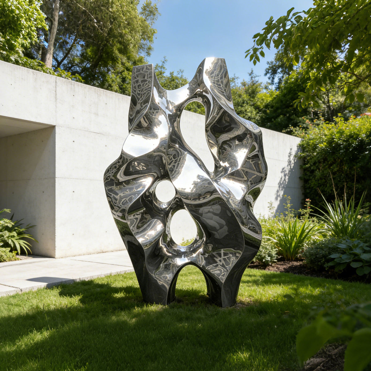 An abstract stainless steel sculpture stands on green grass beside a modern building.