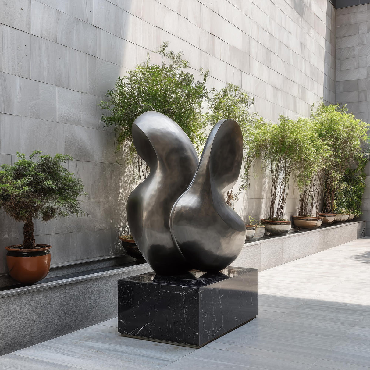 Abstract stainless steel sculpture with organic curves, designed for luxury villas, gardens, and courtyards.