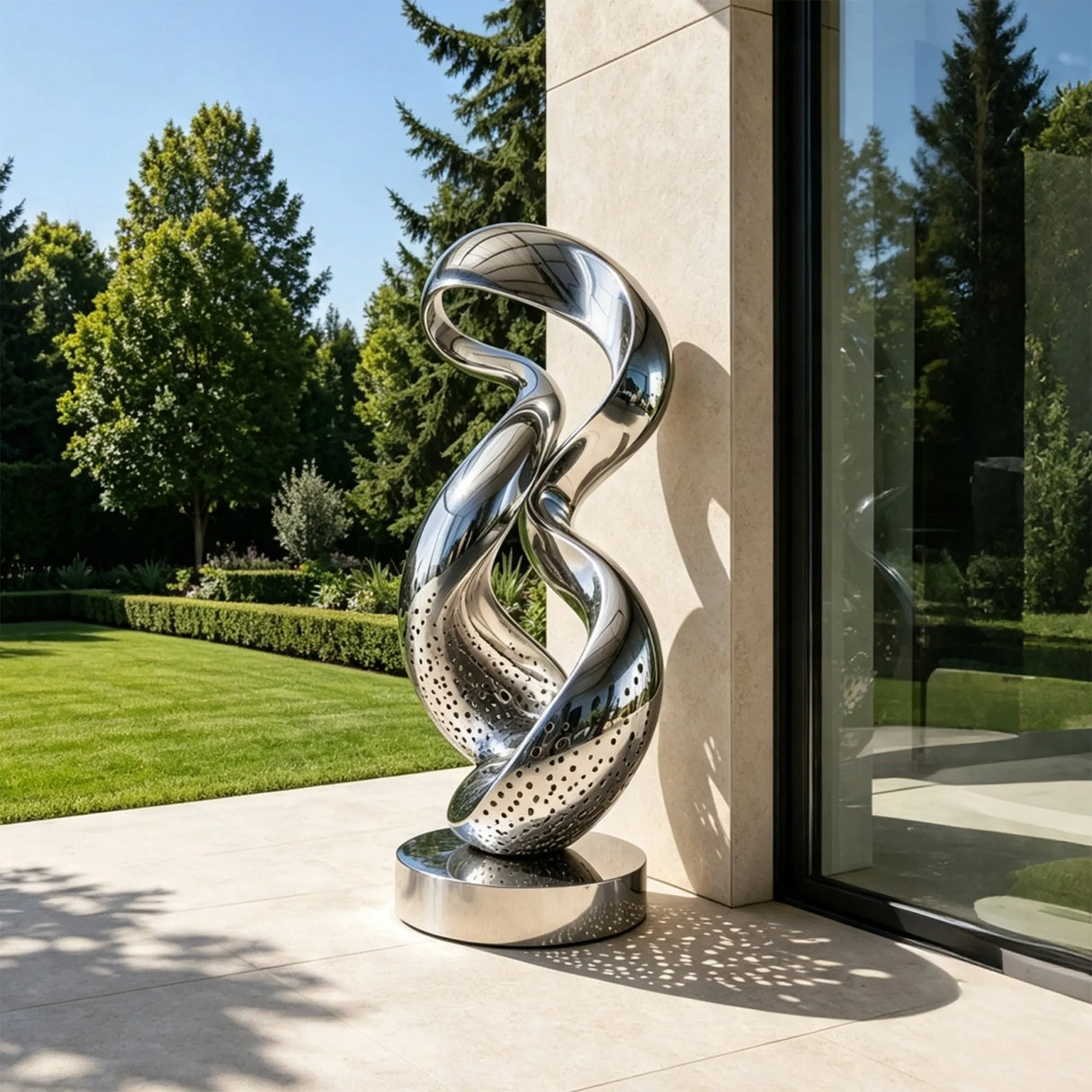 Stainless steel twisted loop sculpture stands on the outdoor patio beside a modern building.