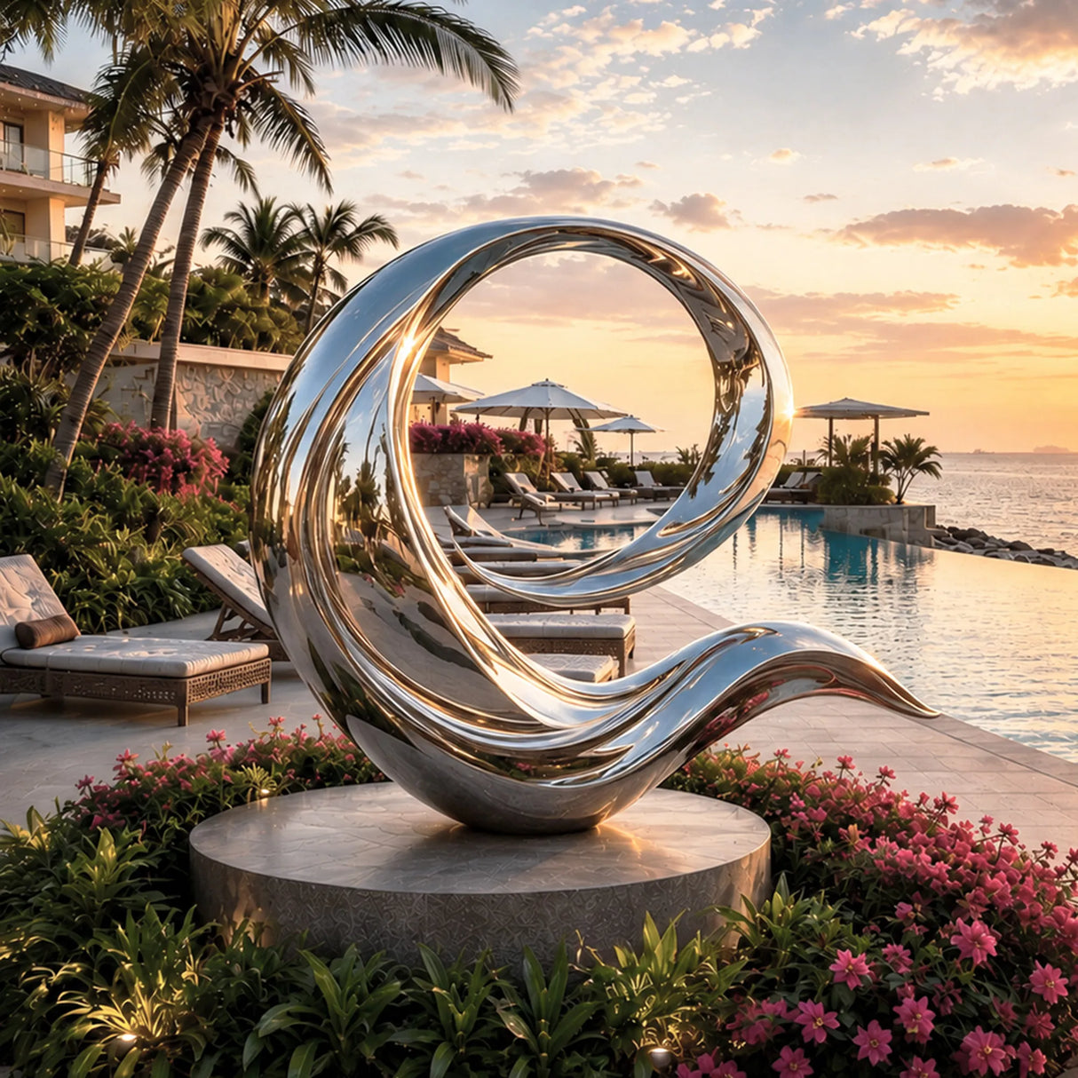 Mirror wave stainless steel sculpture sits besides ocean with palm trees at sunset.