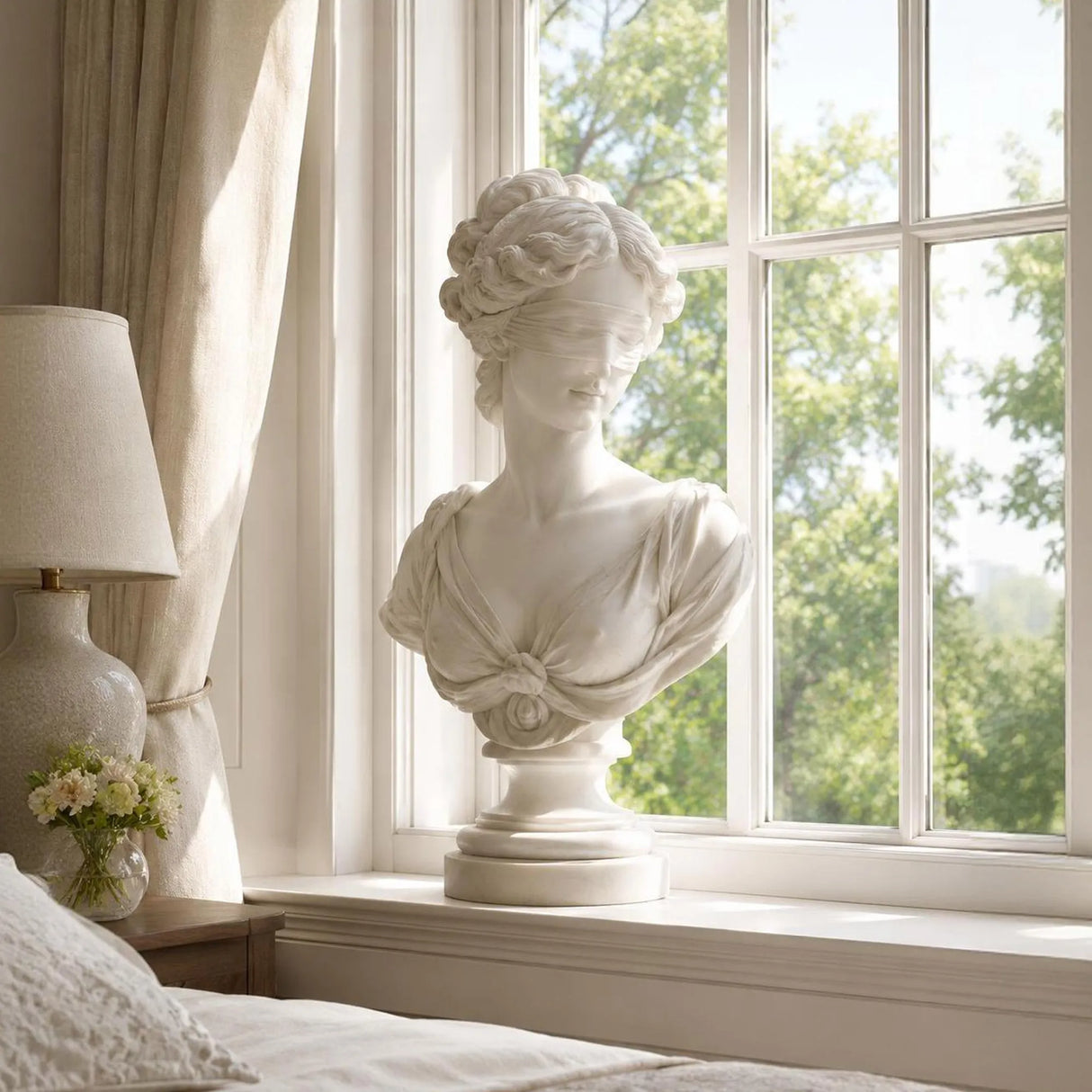 Marble blindfolded lady bust stands on a bright bedroom windowsill.