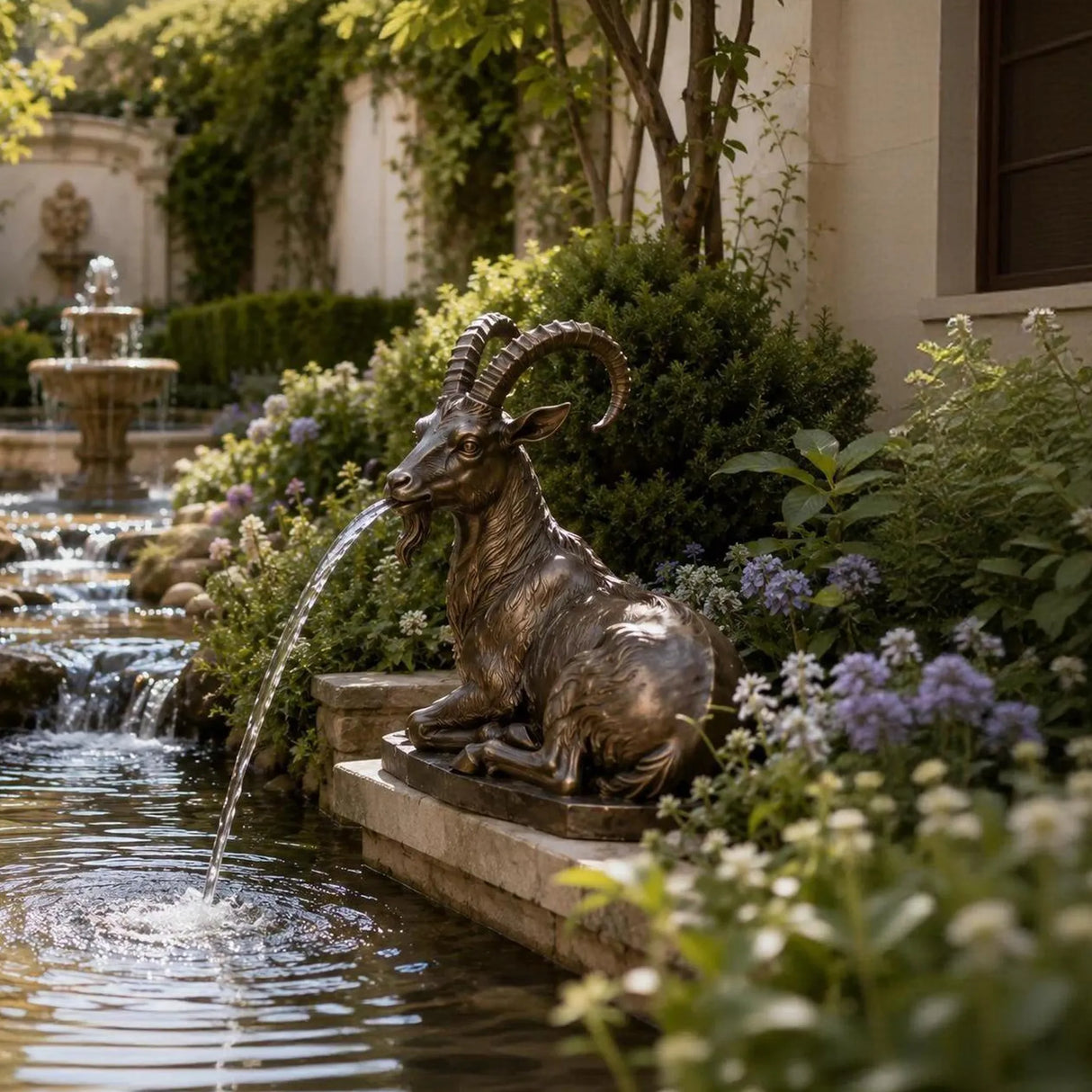 Antique bronze ibex fountain spouts water into garden pond surrounded by blooms, trimmed shrubs.