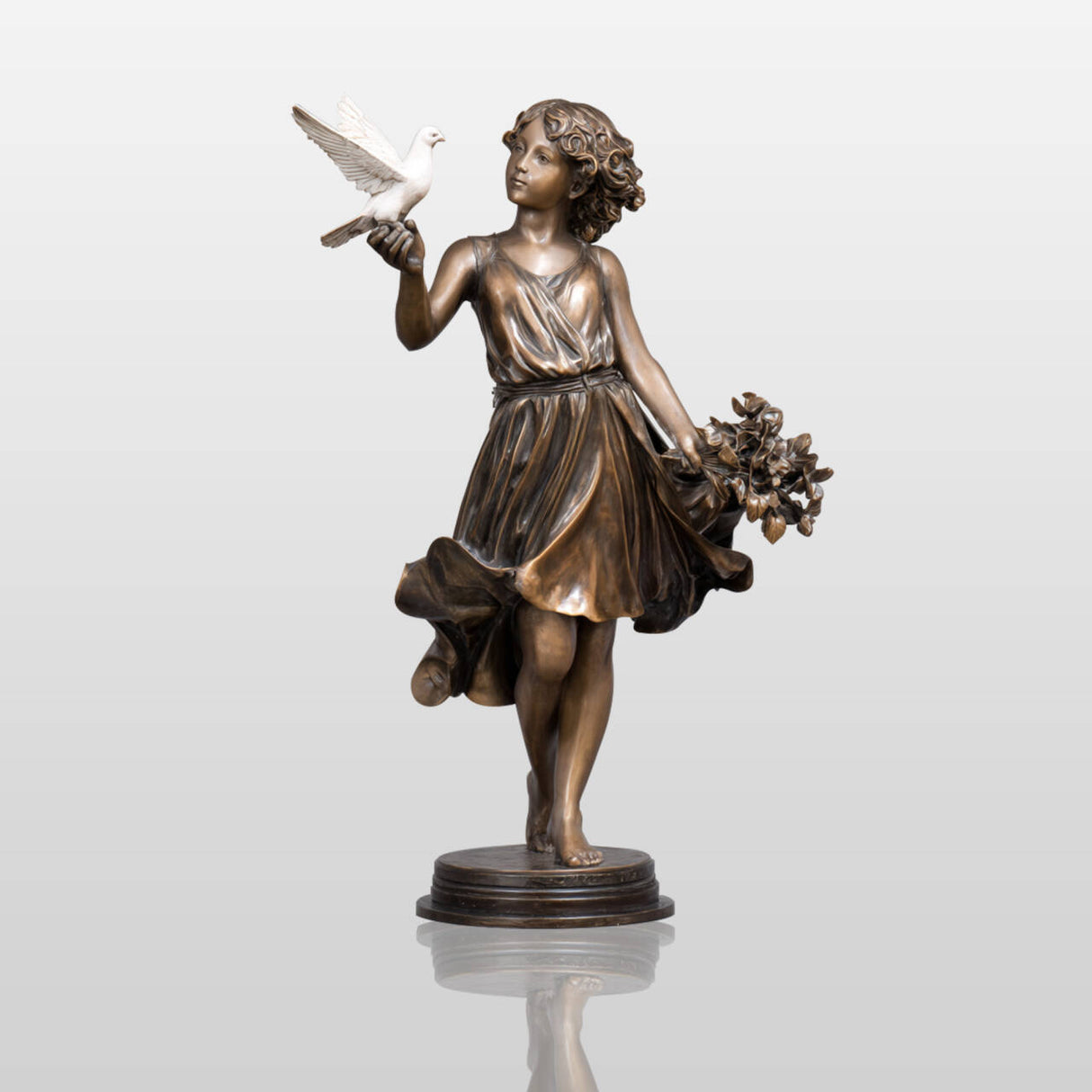 PREMIER Bronze Sculpture with Girl Holding Dove Design for Gardens, Patios, Courtyards and Residential Landscapes PSB-187-Bronze Sculpture-PREMIER SCULPTURE