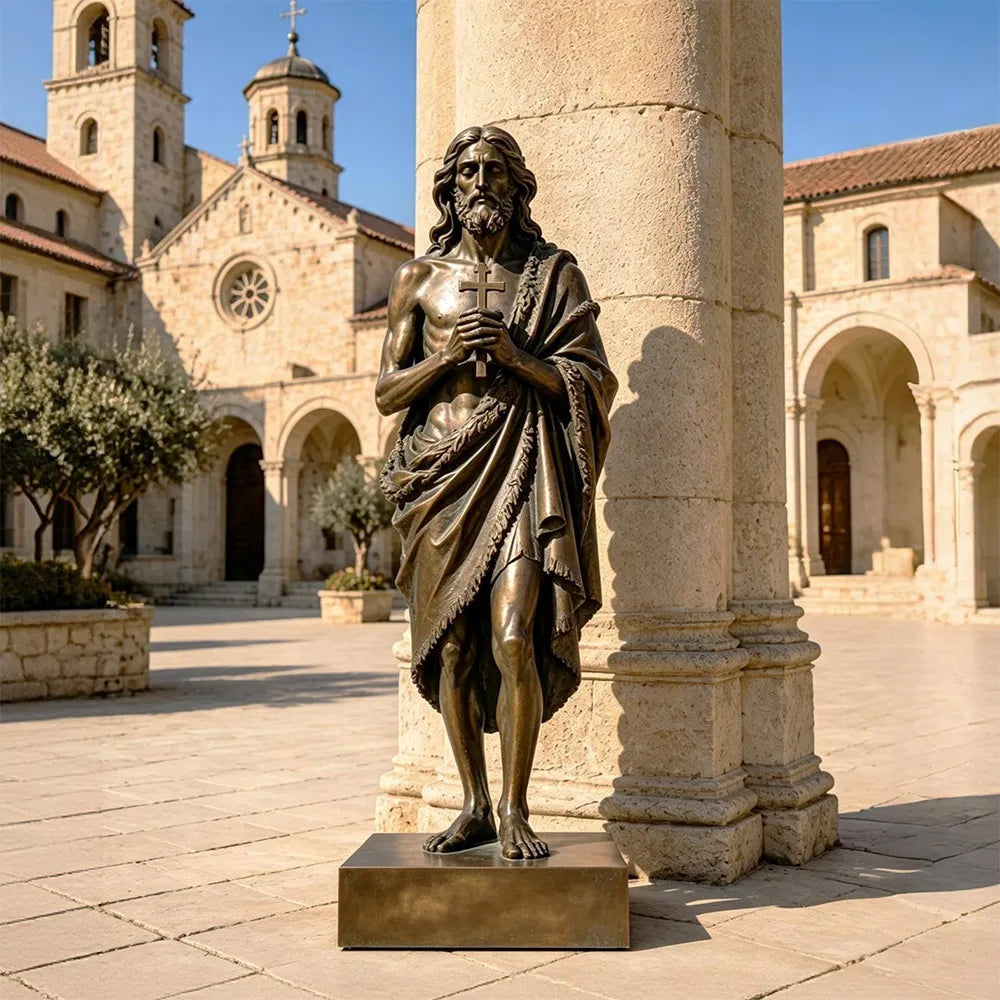A bronze St. John the Baptist statue stands in a sunlit church courtyard.