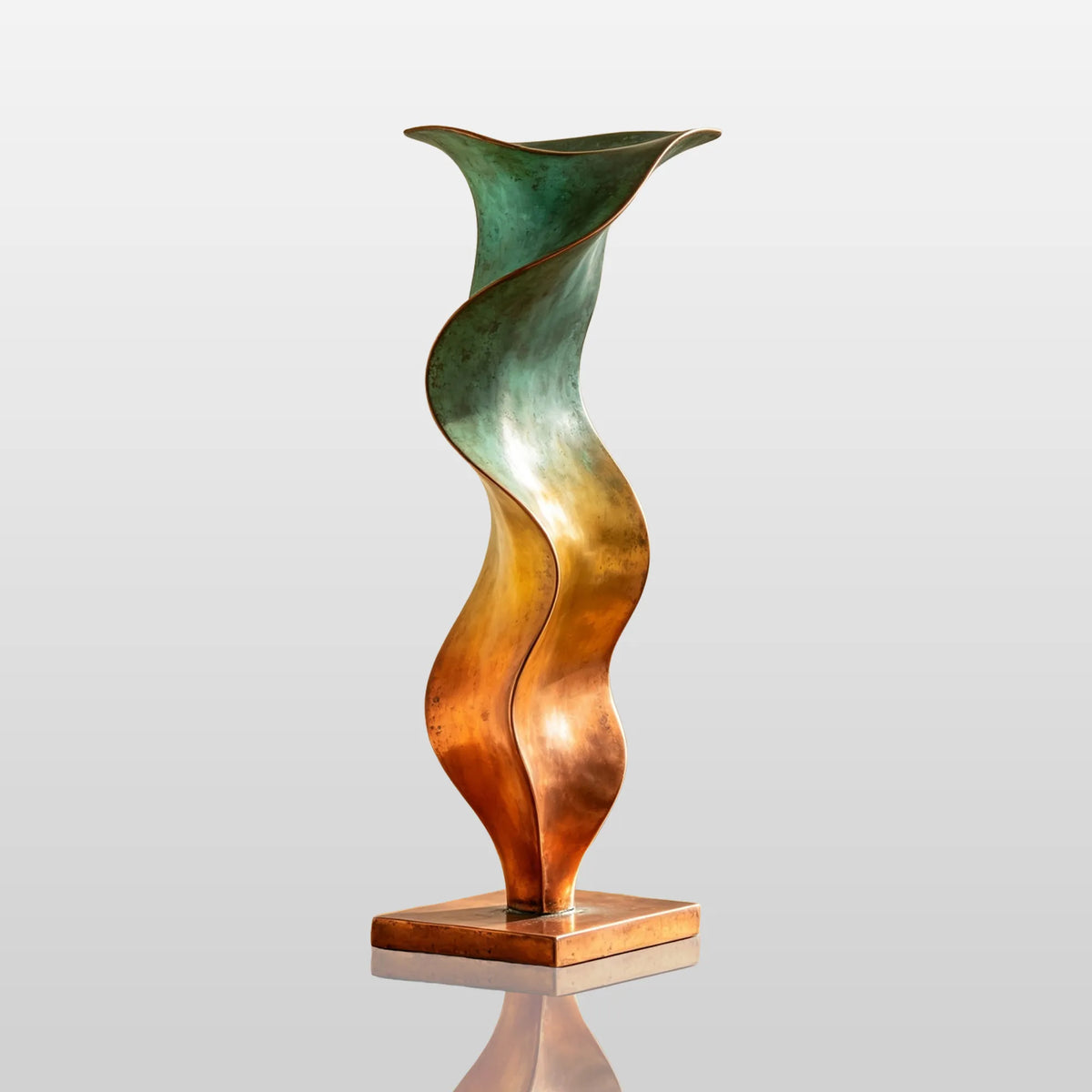 An abstract vase bronze sculpture stands on a wooden cabinet in a sunlit room.