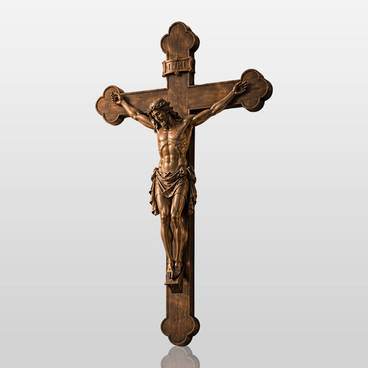 Religious bronze Jesus crucifix wall sculpture mounts on church wall beside vintage hanging lanterns and soft glass light.