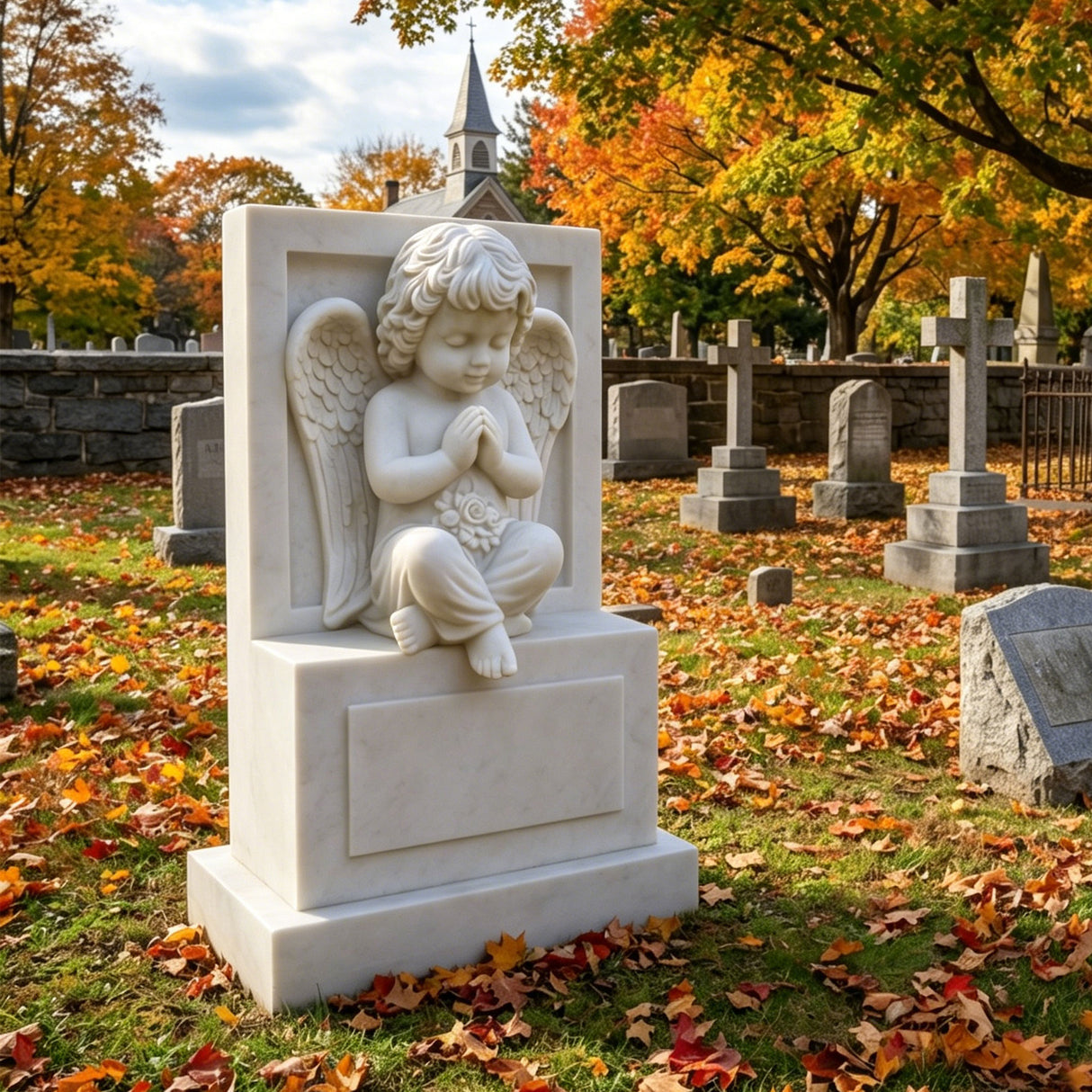 PREMIER Cherub Tombstone in White Marble for Cemeteries, Memorial Gardens, Family Graves or Churches PSM-131-Marble sculpture-PREMIER SCULPTURE