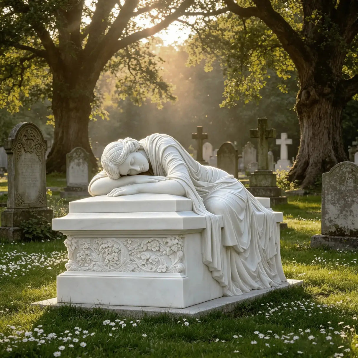 Sleeping lady rests on the white marble tombstone amid sunlit cemetery grass and tombstones.