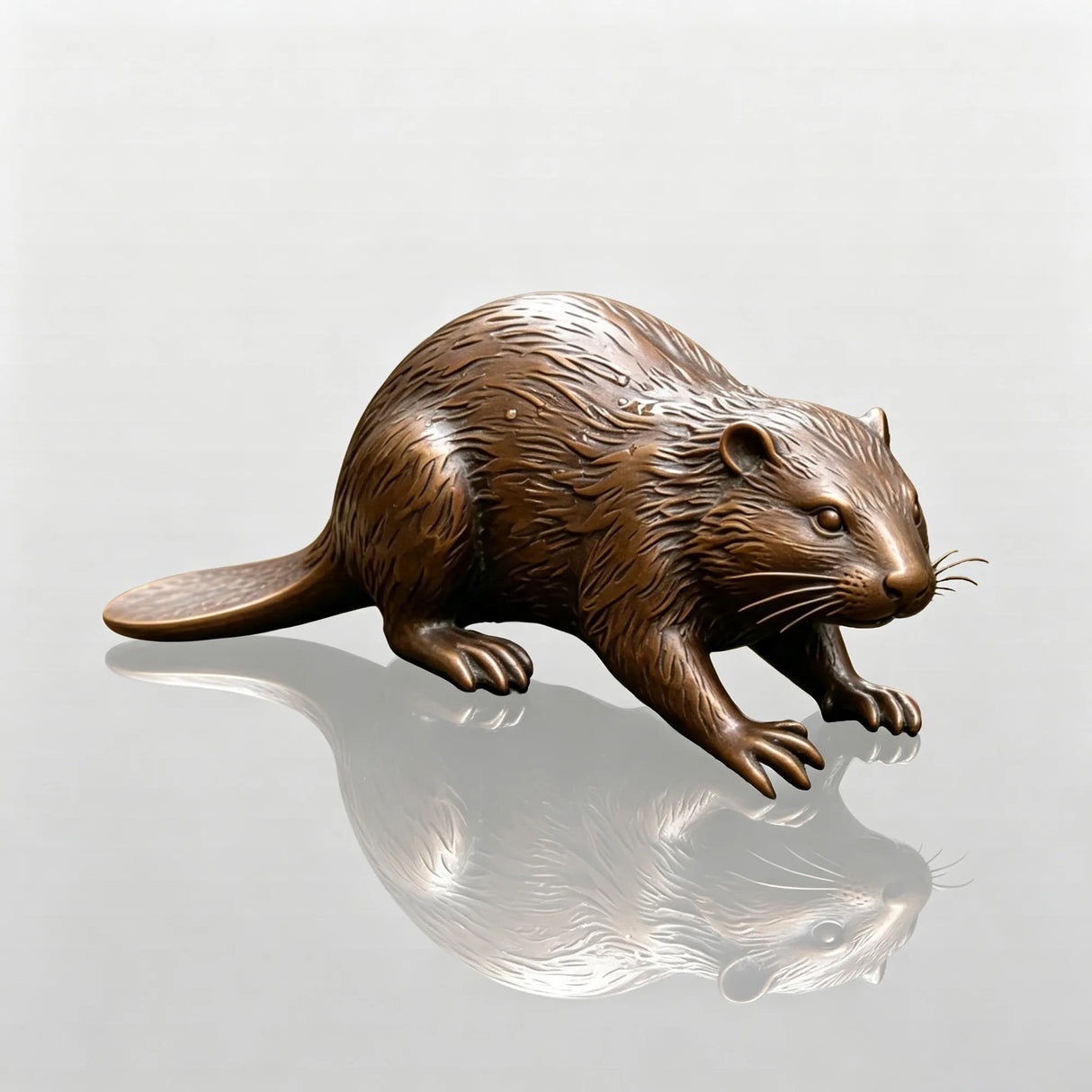Bronze beaver statue crouches on wet rocks beside a flowing forest stream in a garden.