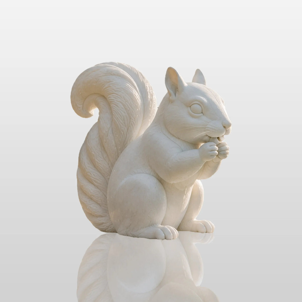 White marble squirrel fountain sits beside swimming pool, water spouts from its mouth.