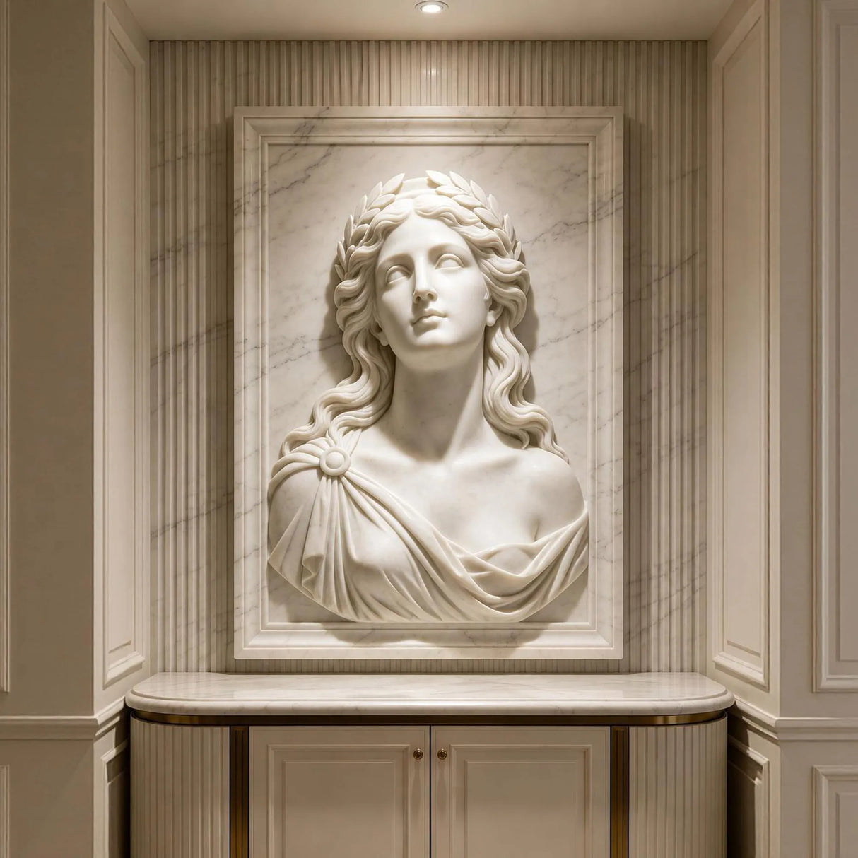 Laurel lady marble wall sculpture is embedded on fluted panel wall in a refined luxury interior space.