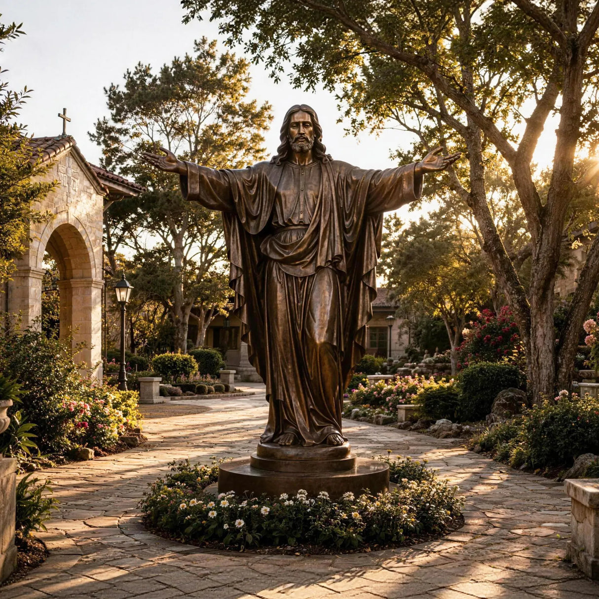 Bronze Jesus statue with open arms stands stands on a base along a church garden walkway.