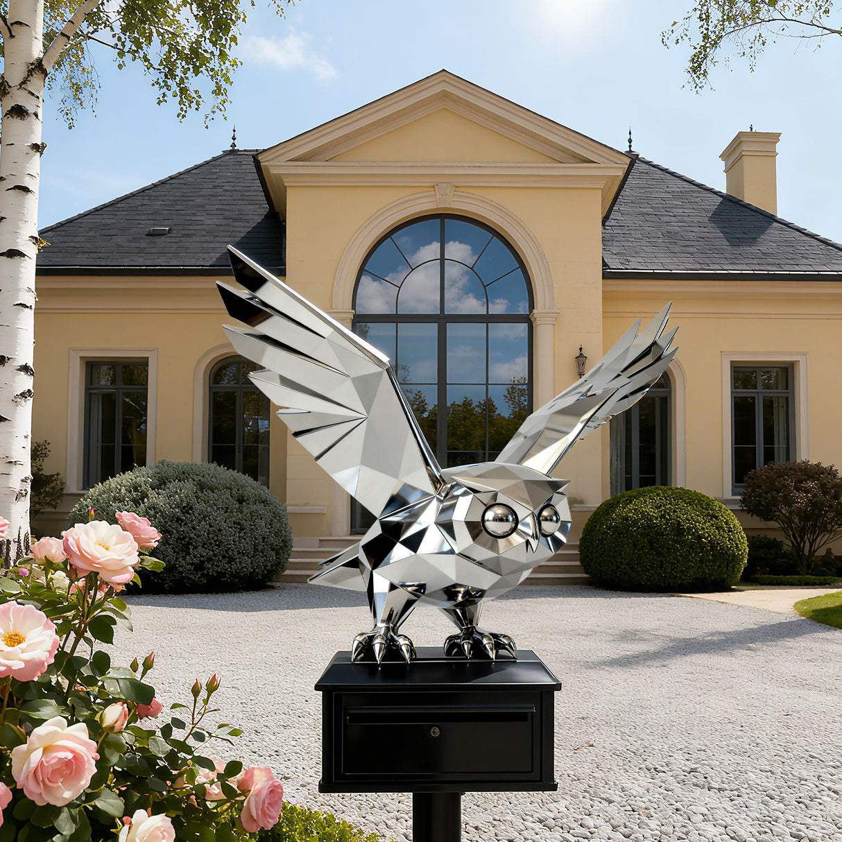 Geometric stainless steel owl sculpture with polished mirror finish, ideal for luxury villas, gardens, courtyards, and mailbox decoration.