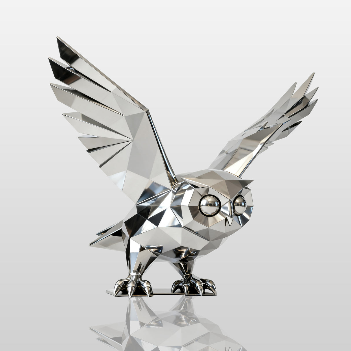 Geometric stainless steel owl sculpture with polished mirror finish, ideal for luxury villas, gardens, courtyards, and mailbox decoration.