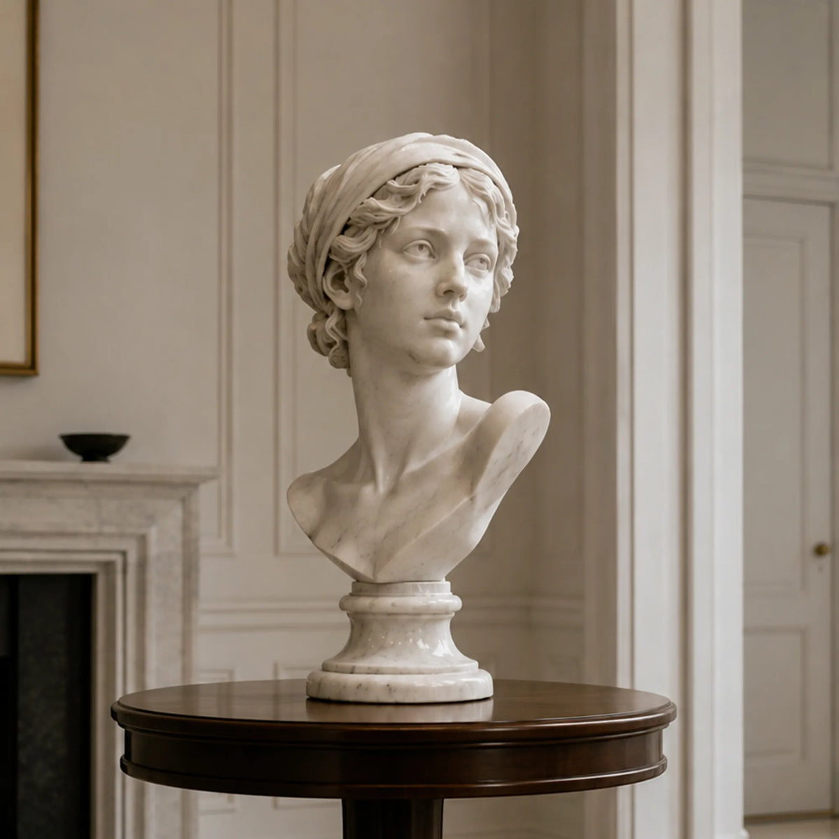 White marble female bust statue sits on a dark wooden round table in a living room.