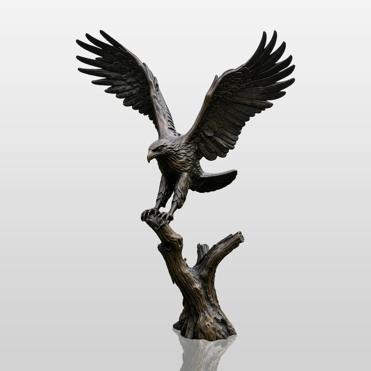 Large bronze eagle statue stands on grass beside a curved backyard swimming pool.