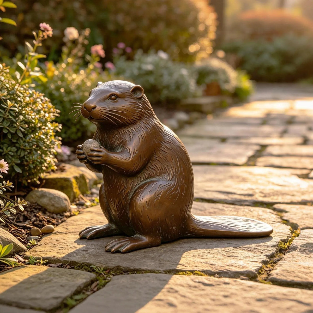 A bronze beaver sculpture stands on stone garden path surrounded by blooming plants.