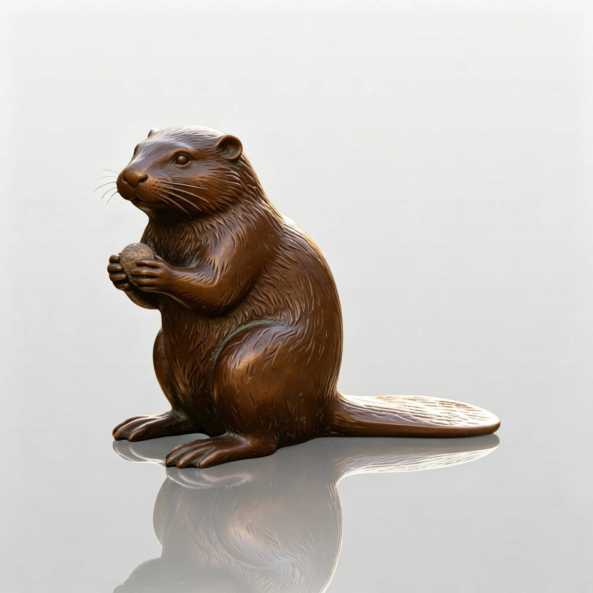 A bronze beaver sculpture stands on stone garden path surrounded by blooming plants.