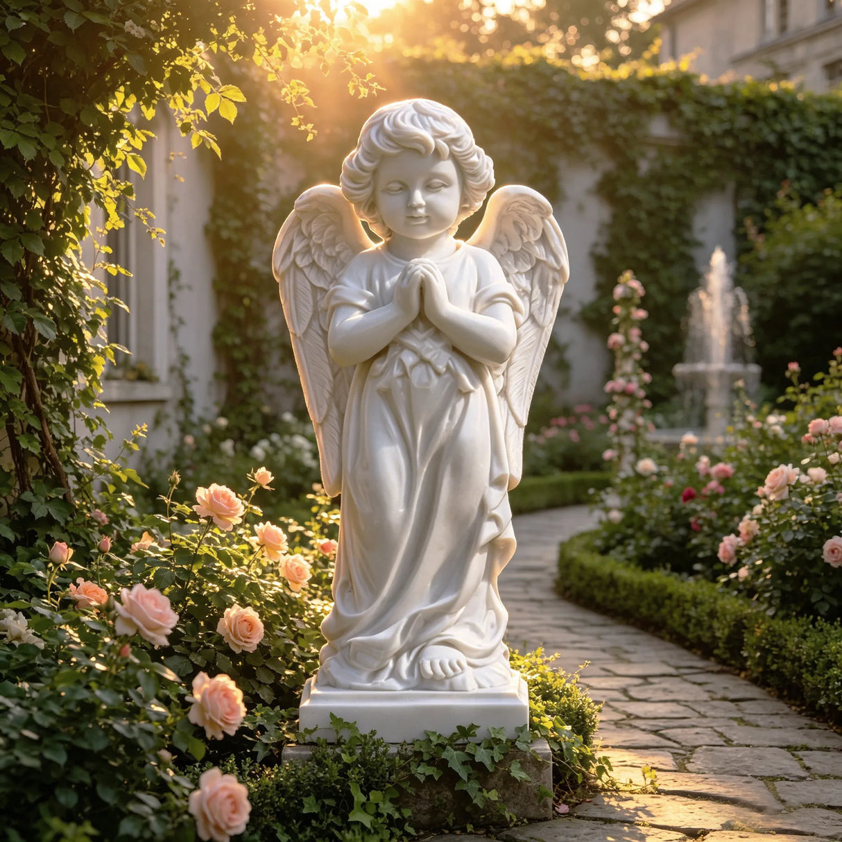 PREMIER Little Angel Marble Statue with Charming Design for Pathways, Courtyards or Gardens PSM-115-Marble sculpture-PREMIER SCULPTURE