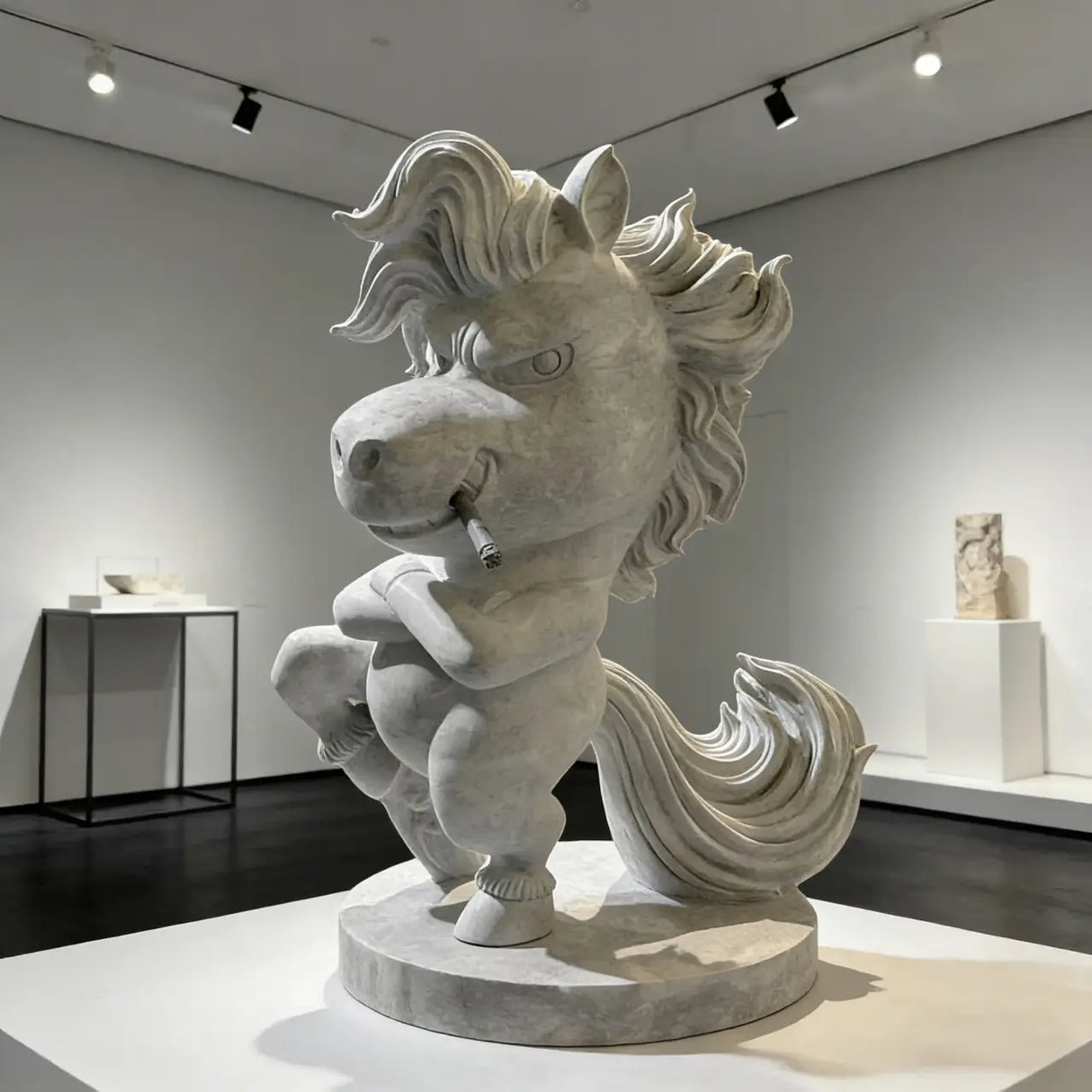 A playful cartoon horse marble sculpture stands inside a bright minimalist art gallery with track ceiling lighting.