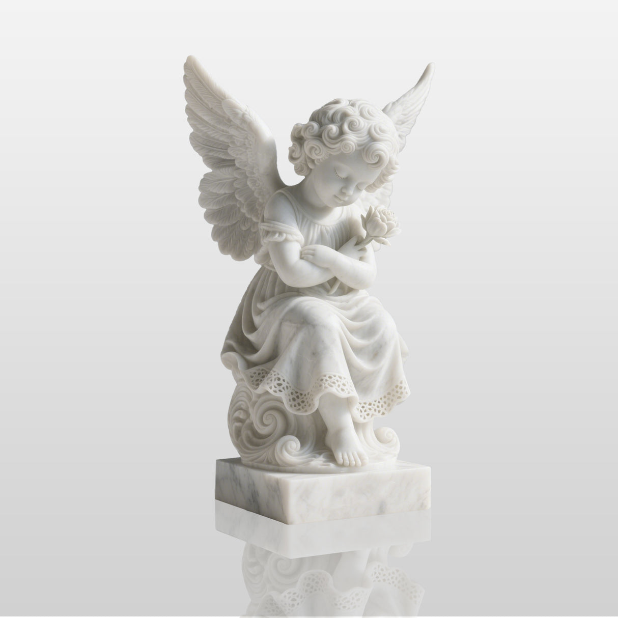 PREMIER Marble Cherub Angel Sculpture Holding a Flower for Gardens, Courtyards, Memorial Spaces, and Villas PSM-084-Marble sculpture-PREMIER SCULPTURE