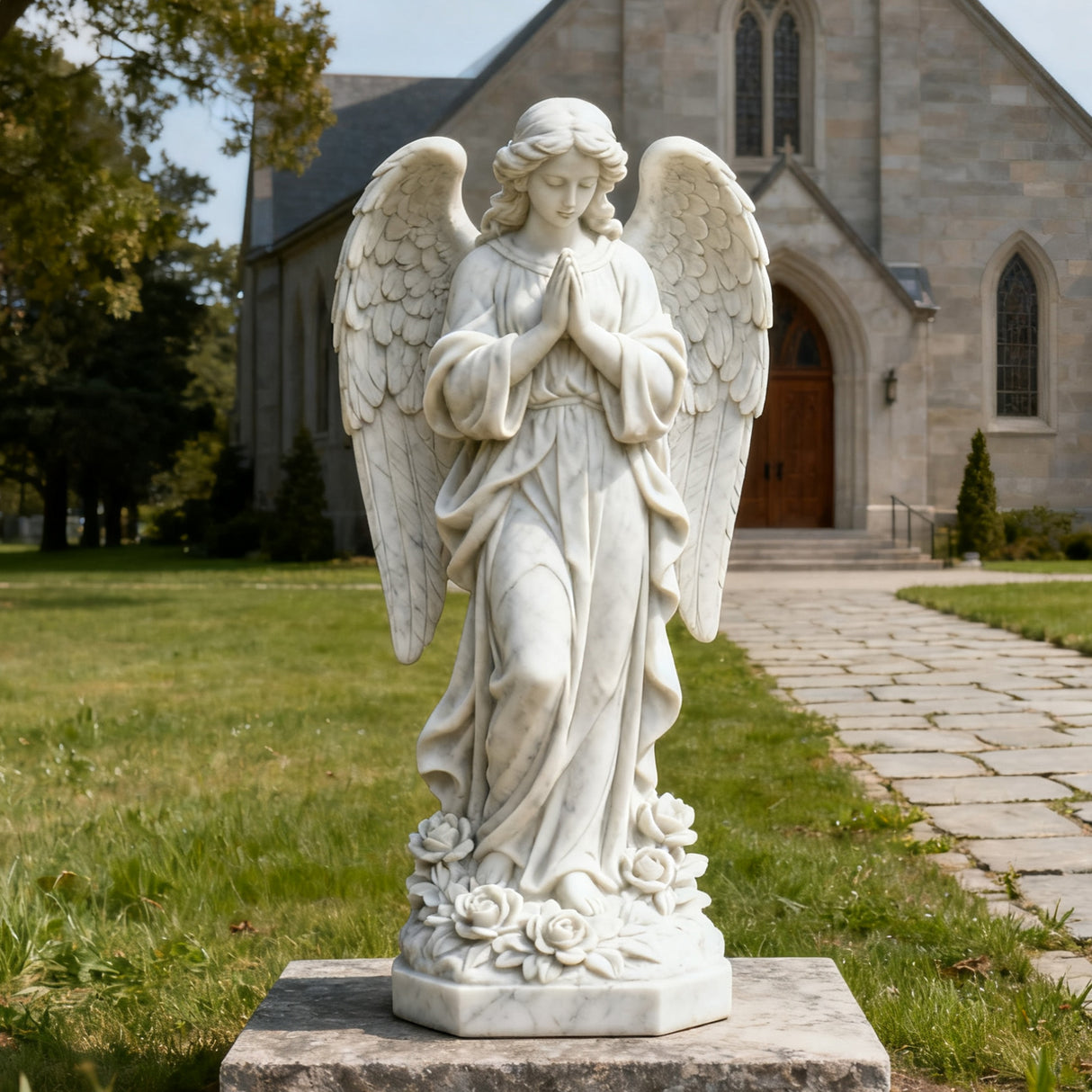 PREMIER Marble Praying Angel Sculpture for Churches, Memorial Gardens, and Serenity Spaces PSM-085-Marble sculpture-PREMIER SCULPTURE