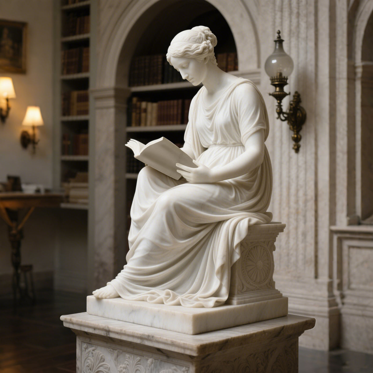 PREMIER Elegance White Marble Reading Woman Statue for Libraries, Universities, Luxury Estates, Cultural Interiors and Private Collections PSM-079-Marble sculpture-PREMIER SCULPTURE