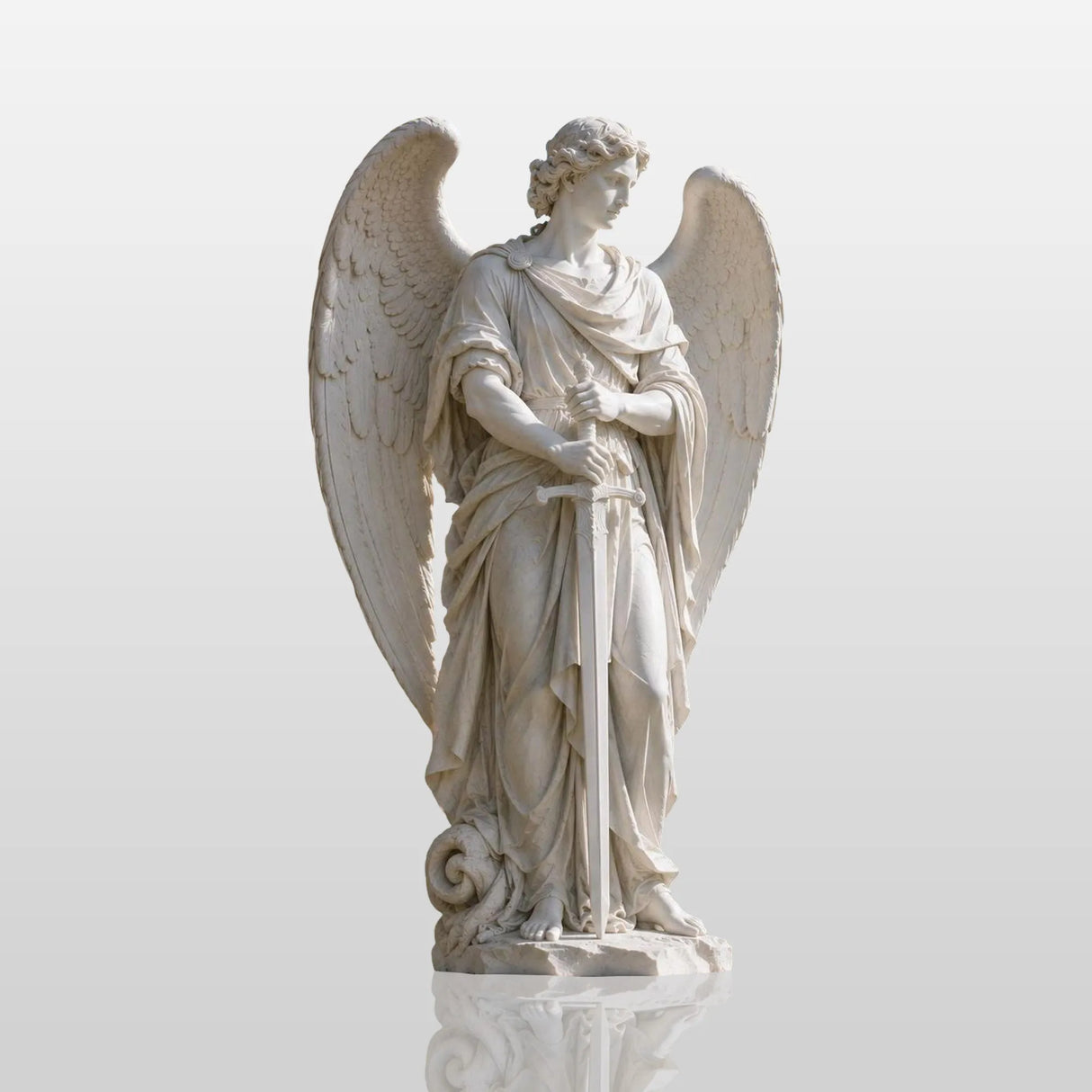 Marble Saint Michael statue stands in a garden with classical columned mansion and tall cypress trees behind.