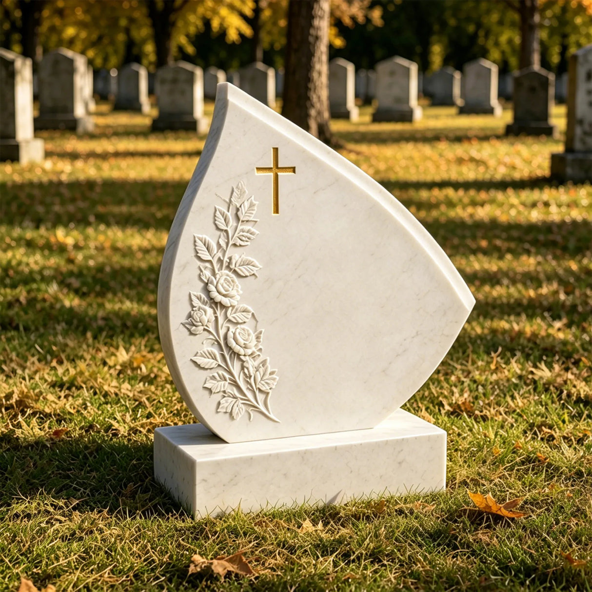 Teardrop marble tombstone engraved with golden cross and rose carvings stands on the cemetery lawn.