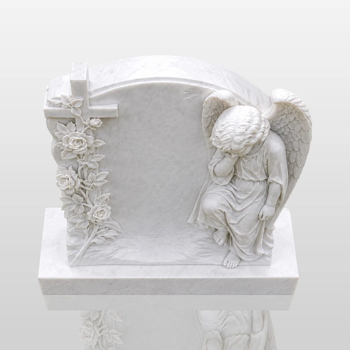PREMIER Marble Tombstone with Cherub Cross Design for Lawn Cemetery, Memorial Park or Country Churchyard PSM-182-Marble sculpture-PREMIER SCULPTURE