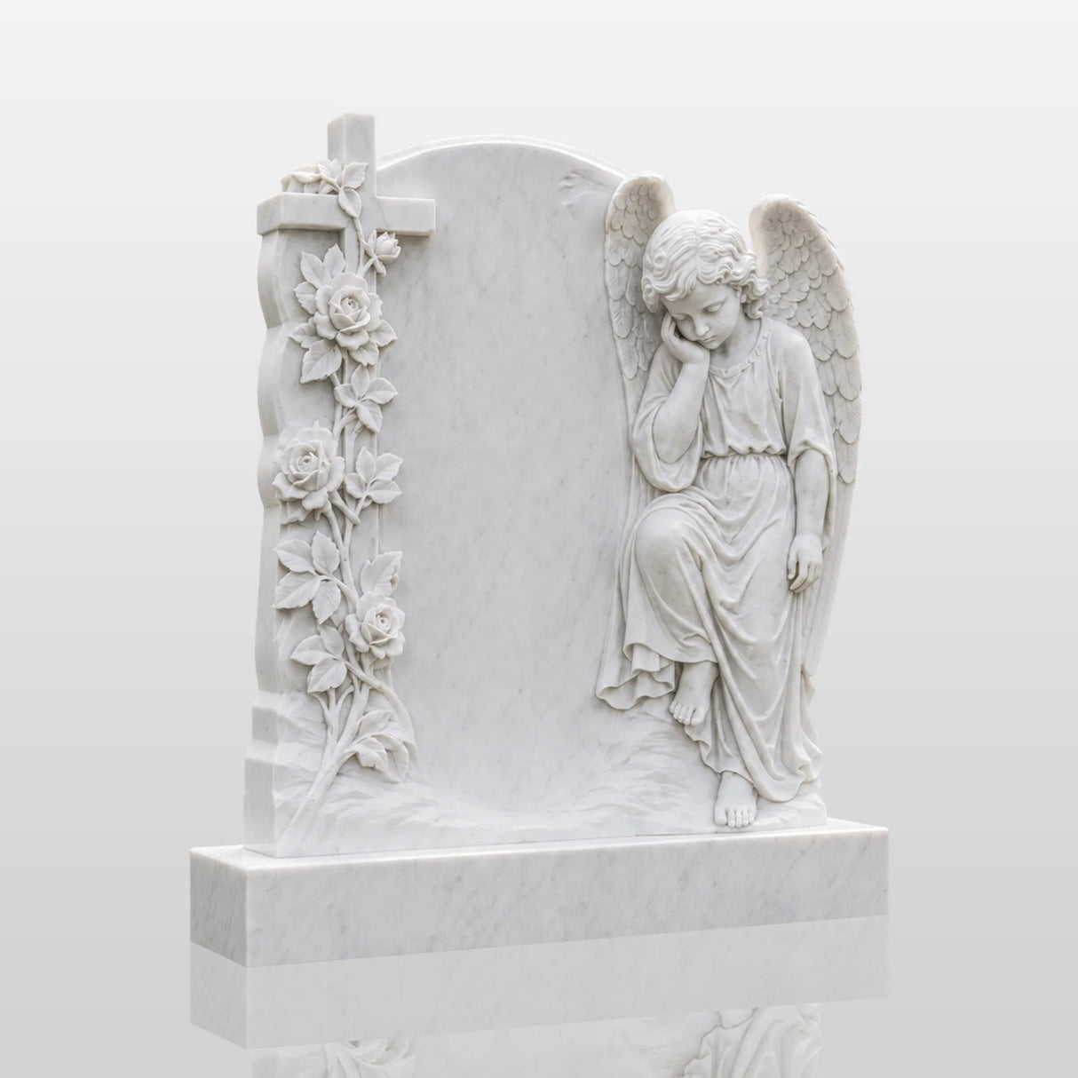 PREMIER Marble Tombstone with Cherub Cross Design for Lawn Cemetery, Memorial Park or Country Churchyard PSM-182-Marble sculpture-PREMIER SCULPTURE