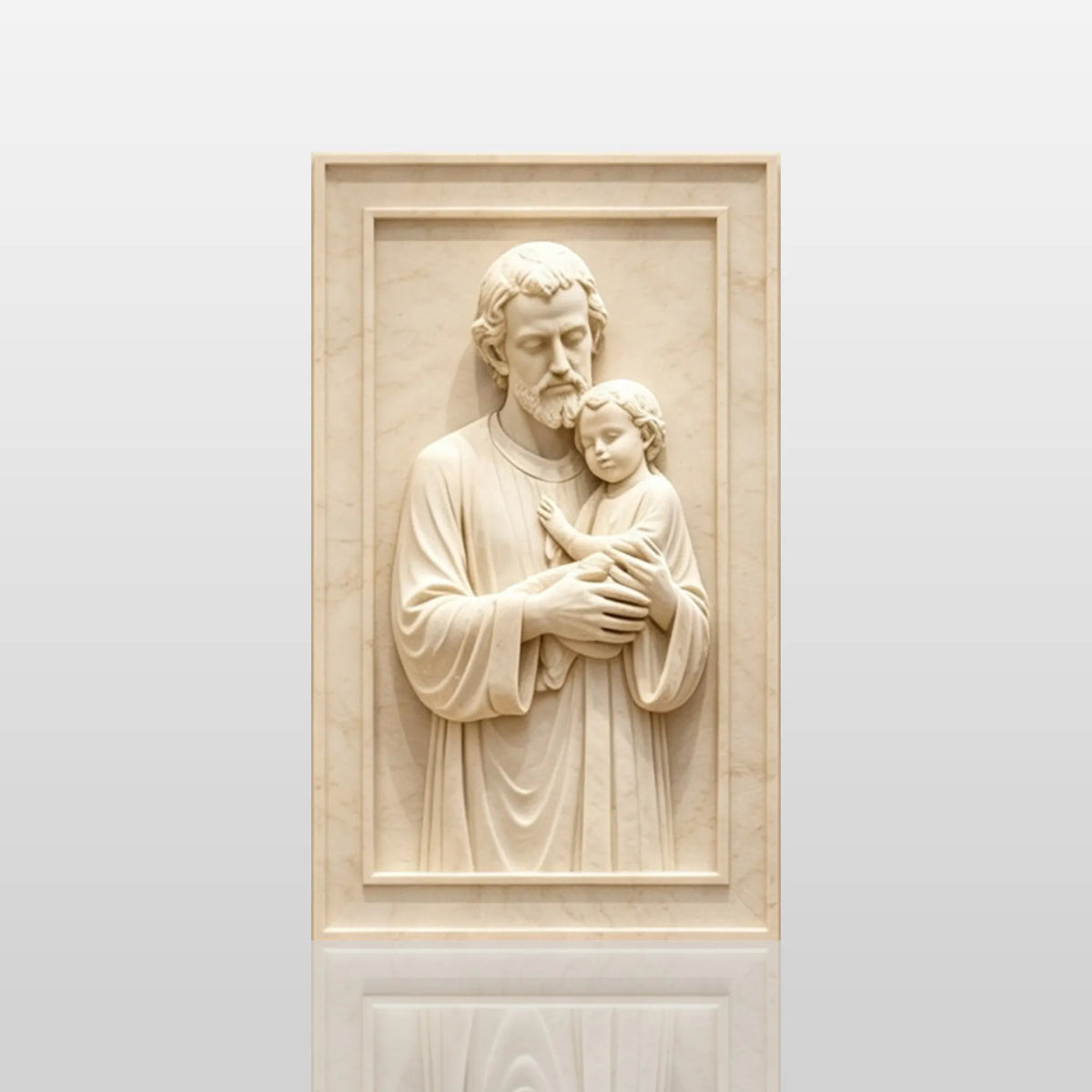 Marble relief of Saint Joseph and child Jesus hangs inside bright chapel.