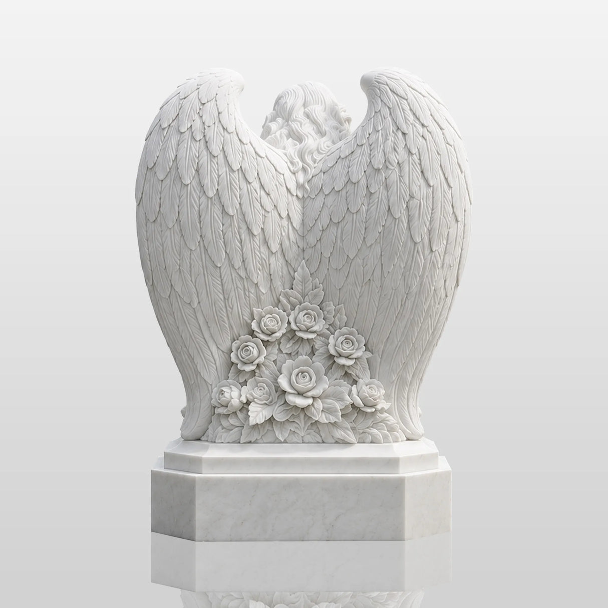 White marble tombstone carved with angel, roses and central blank heart stands on the black gravel cemetery ground.