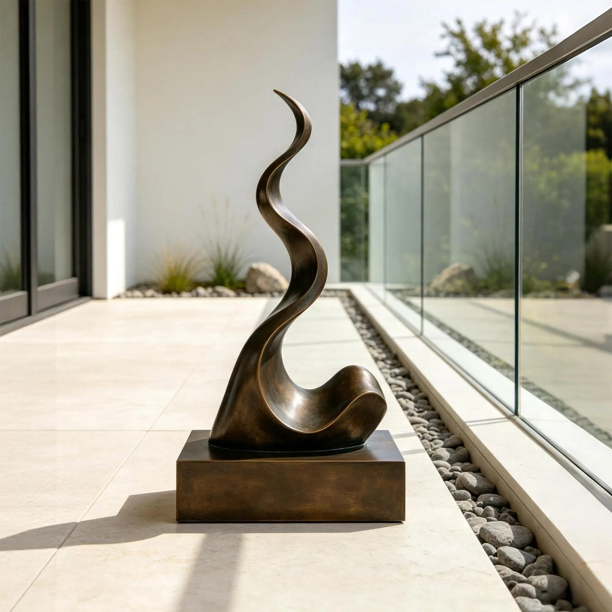 A wavy abstract bronze sculpture stands on the terrace of a modern home with glass railing.