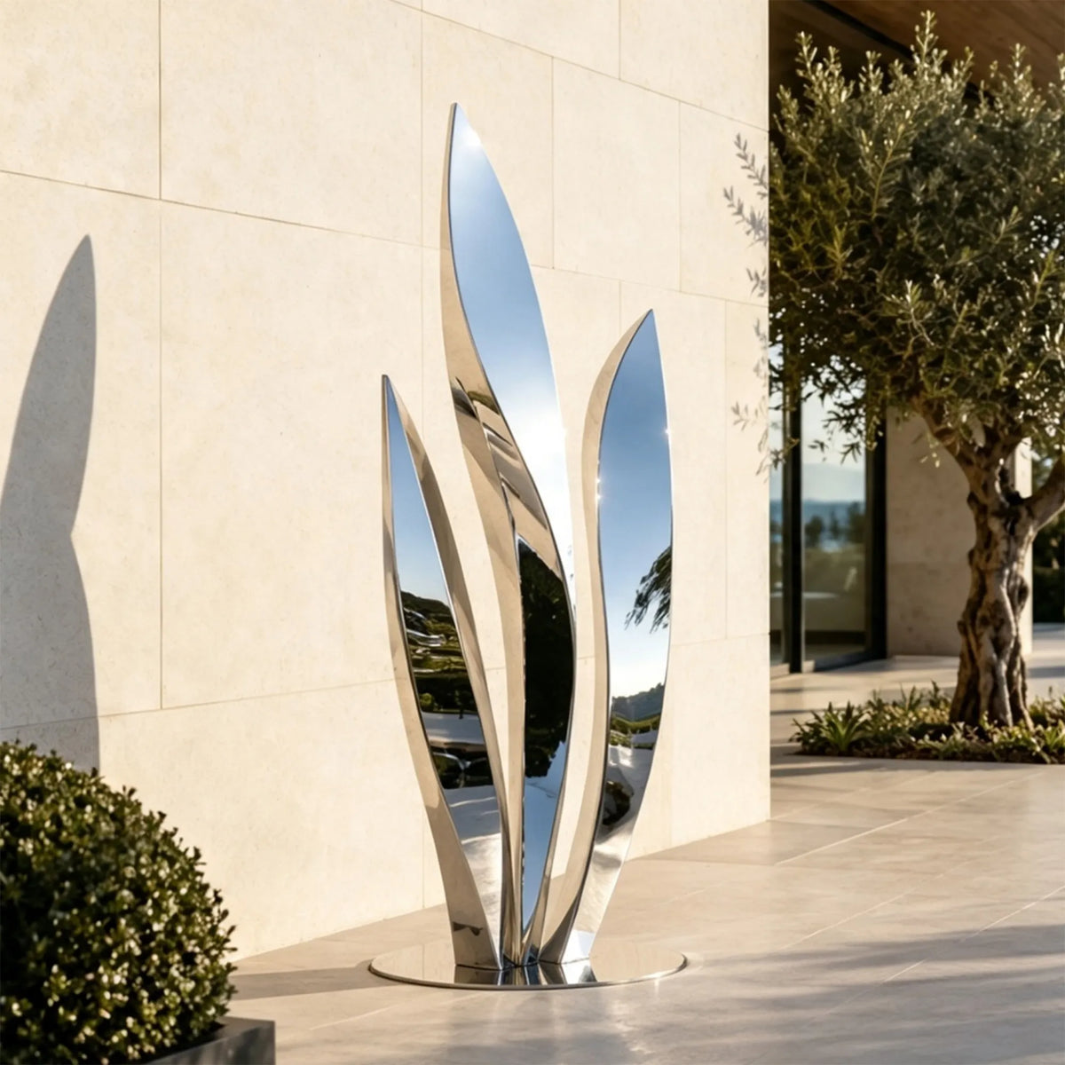 A stainless steel leaf sculpture sits beside a light stone building in the afternoon.
