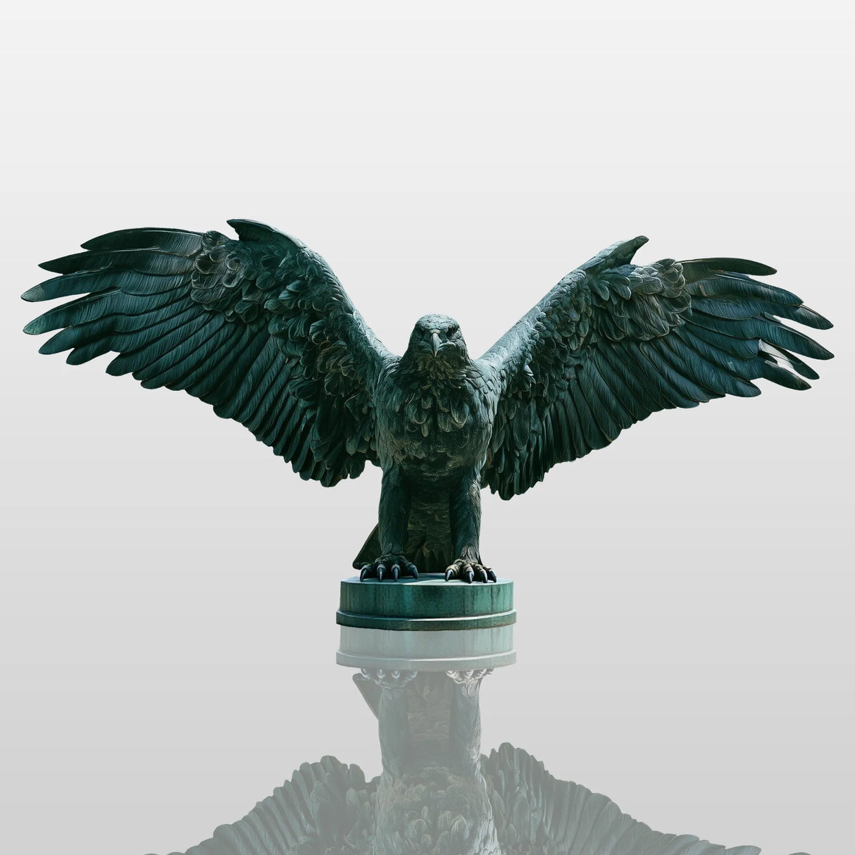 Patina bronze eagle statue perches on the stone column overlooking distant city skyline.