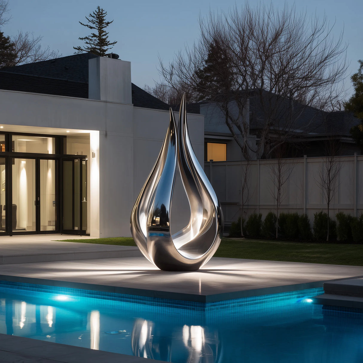PREMIER Polished Stainless Steel Sculpture with Flame Form for Luxury Entrances, Gardens, and Poolside Spaces PSSS-166-Stainless Steel Sculpture-PREMIER SCULPTURE