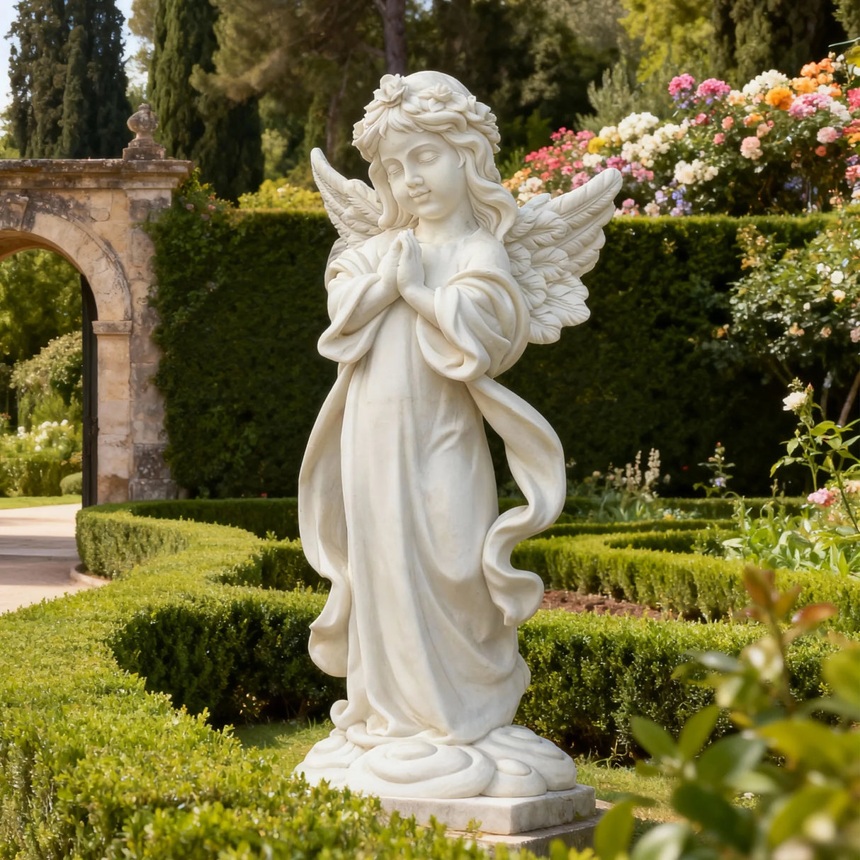 PREMIER Praying Angel Marble Sculpture for Villas Courtyards and Memorial Outdoor Spaces PSM-090-Marble sculpture-PREMIER SCULPTURE