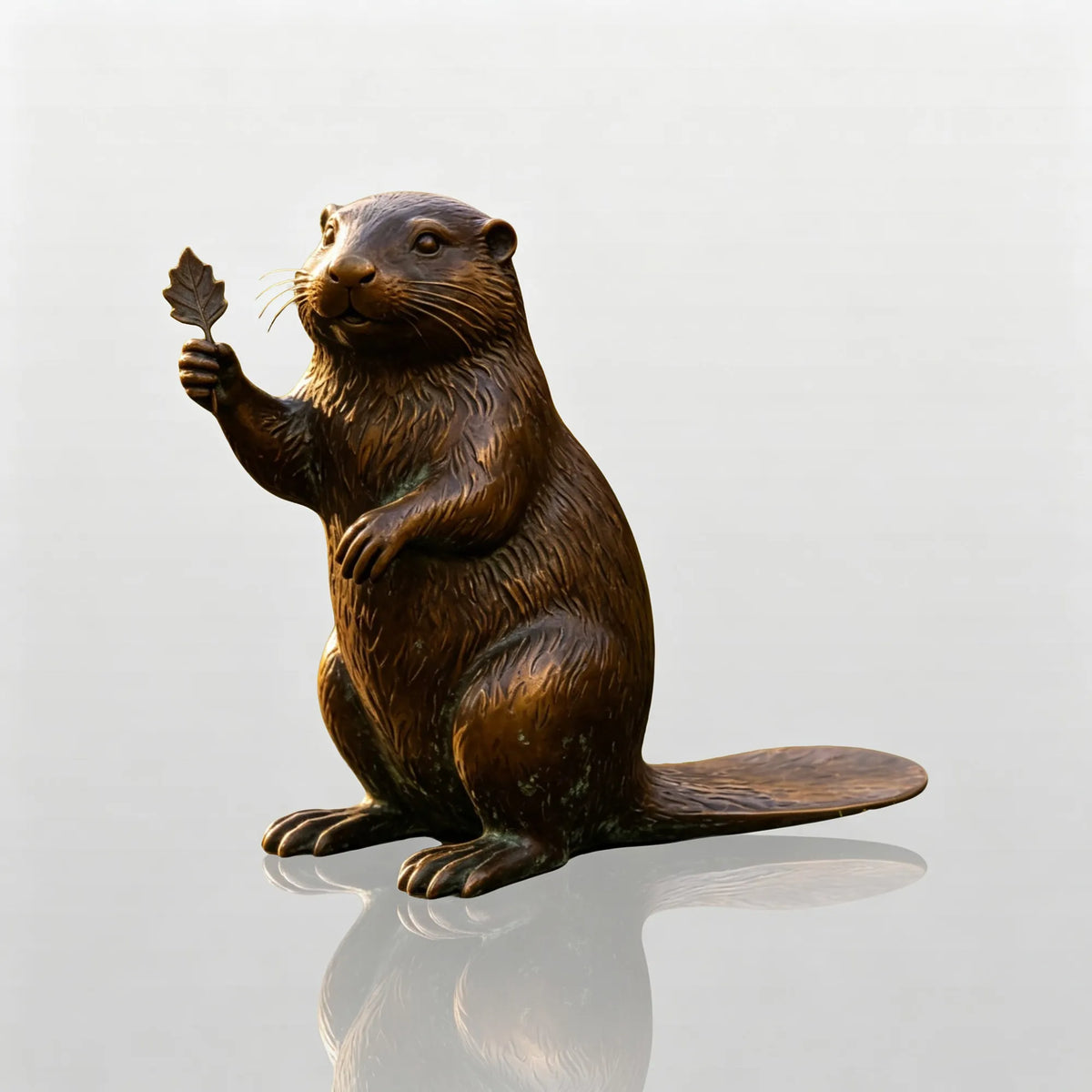 A bronze beaver statue stands on the green grass in a public park at sunset.