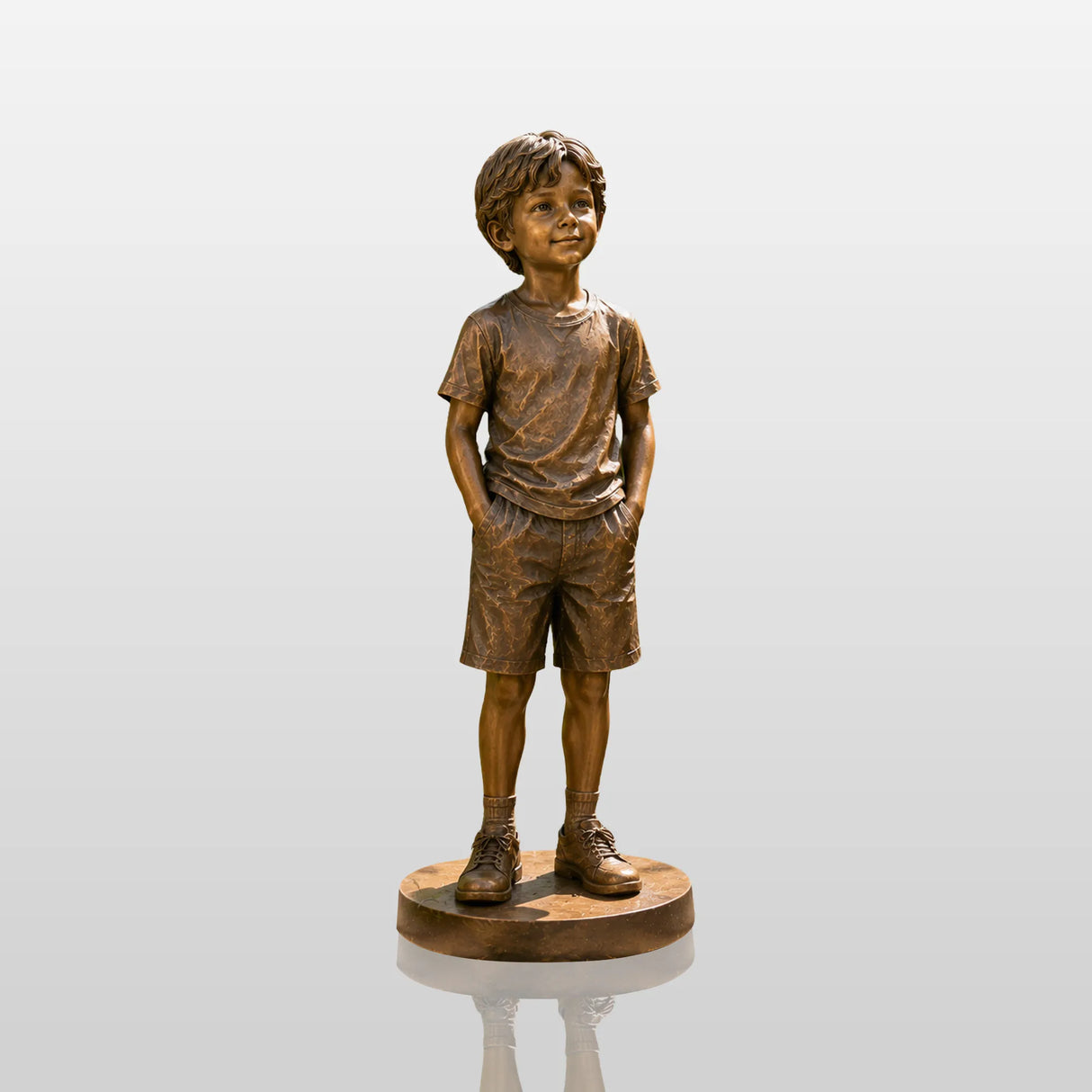 Lifelike bronze statue of a young boy stands along stone stepping walkway in a private garden.