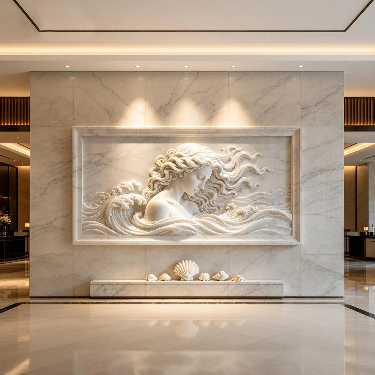 A beautiful marble relief sculpture of a flowing female figure is displayed on a feature wall inside a luxurious interior space.