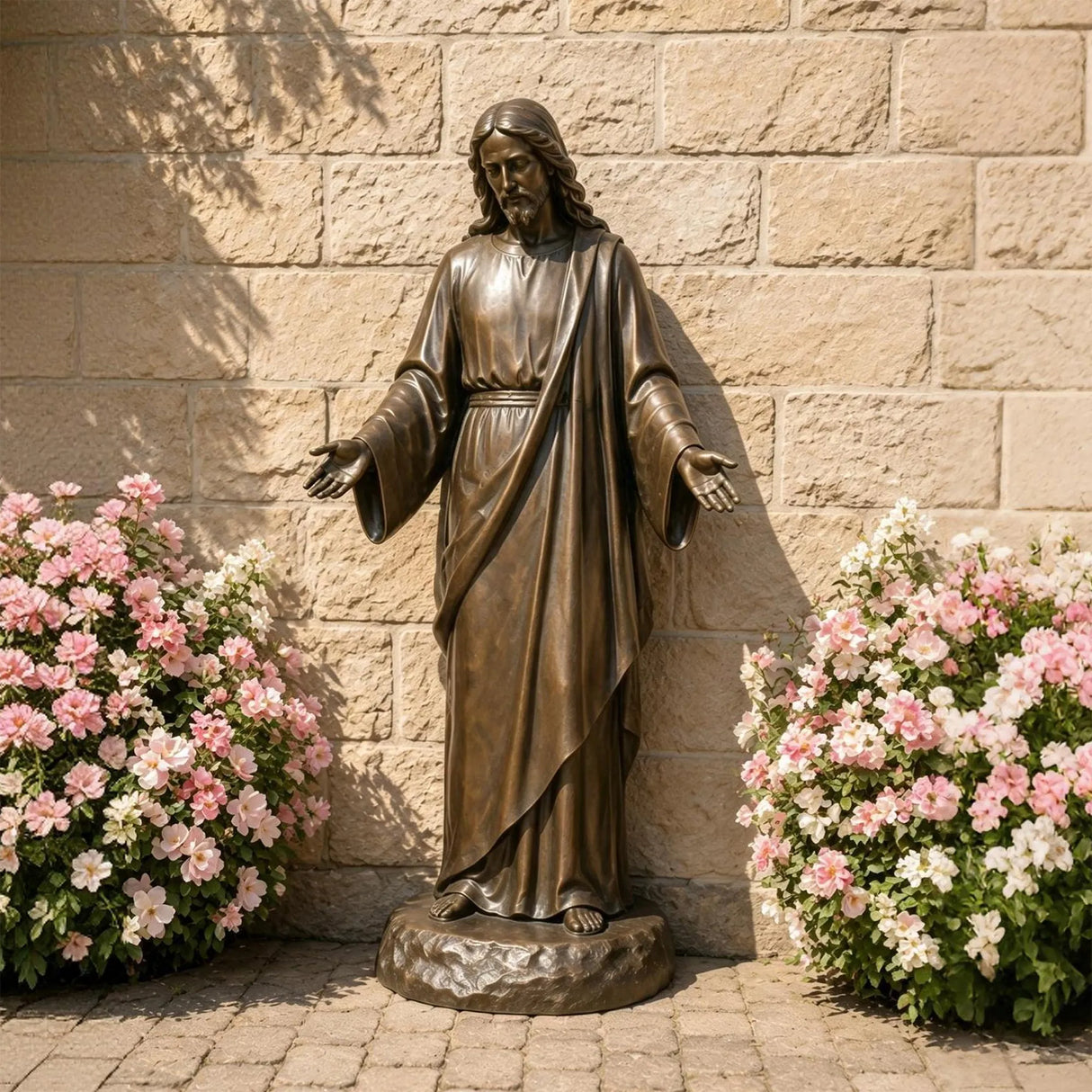 Bronze Jesus statue with open hands stands against stone wall surrounded by blooming roses.