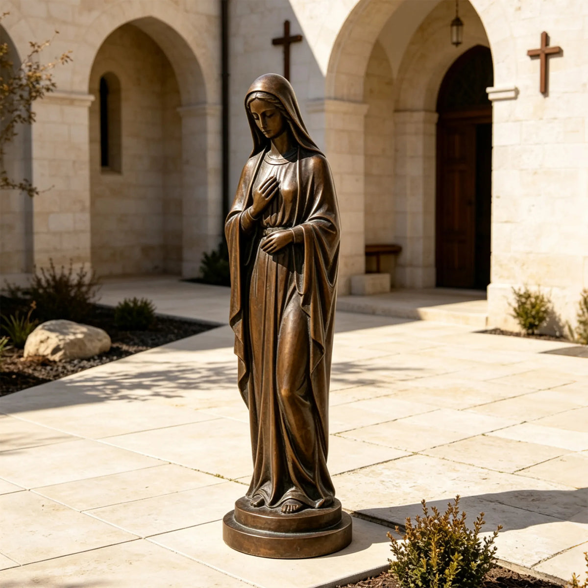 A bronze Virgin Mary statue stands on the paving inside an arched church courtyard.