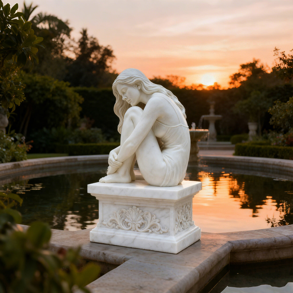 PREMIER Serene Seated Girl statue white Marble for Estate Gardens, Luxury Courtyards and Memorial Fountains PSM-078-Marble sculpture-PREMIER SCULPTURE